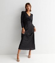 New Look Black Satin V Neck Long Sleeve Frill Detail Midi Dress